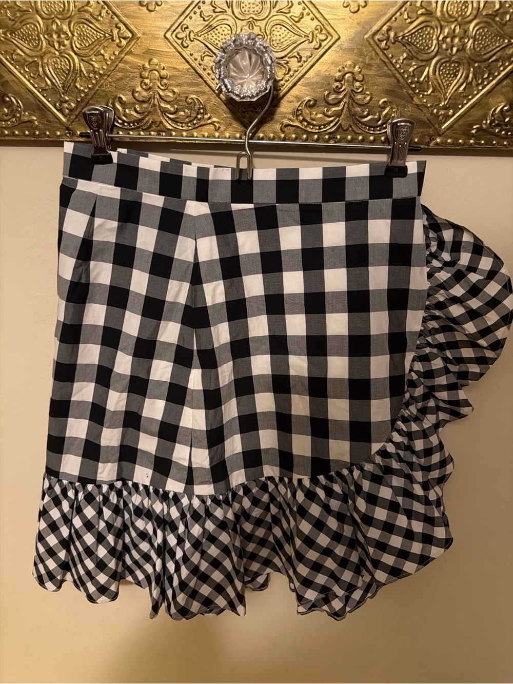 J. Crew Black White Gingham Ruffle Faux Wrap Mini Skirt Cotton Size 0